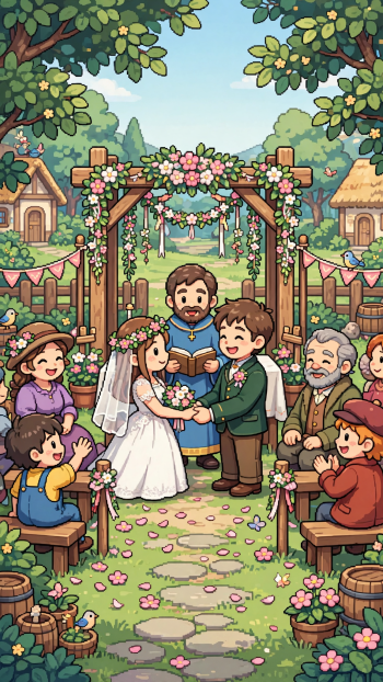 iPhone wallpaper of a whimsical cartoon marriage ceremony: bride and groom hold hands beneath a flowered arch as an officiant leads the ceremony, surrounded by joyful guests in a village garden.