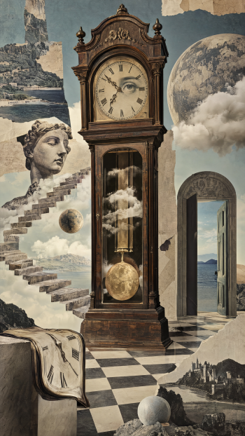 Surreal iPhone wallpaper centered on an ornate grandfather clock and clock face, surrounded by floating clouds, a marble statue head, stone stairs and a checkerboard floor.