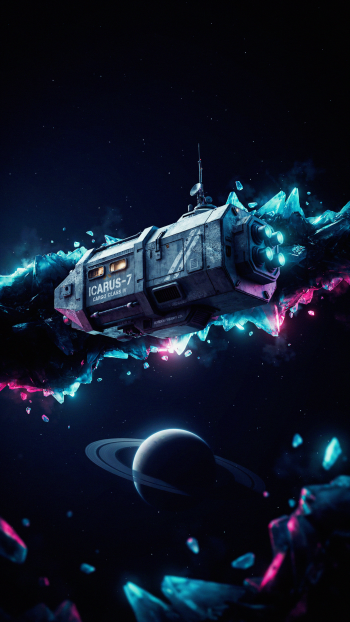iPhone wallpaper showing a cargo spaceship/spacecraft drifting amid glowing crystal debris above a ringed planet in deep space.