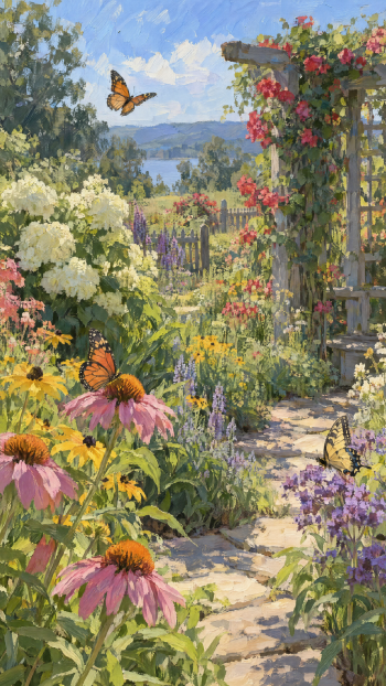 Vertical iPhone wallpaper: sunlit butterfly garden path with coneflowers, lupines and climbing roses on a pergola, monarch butterflies fluttering toward a lake and distant hills.