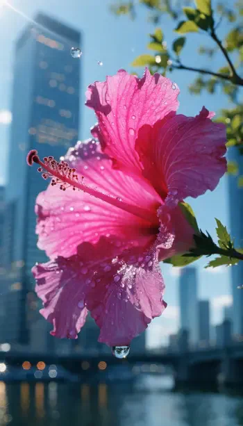 Close-up pink hibiscus flower with dewdrops against a sunlit city skyline, vertical iPhone wallpaper.