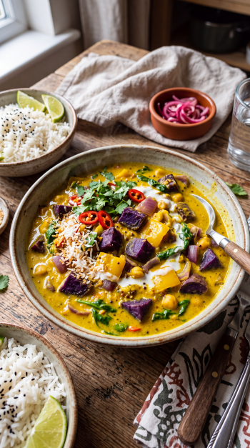 iPhone wallpaper of a creamy yellow curry with chickpeas, purple sweet potato cubes, spinach, red chili and shredded coconut, served with bowls of rice and lime on a rustic wooden table