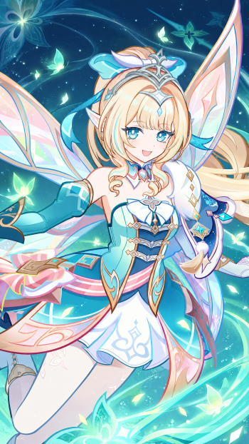 iPhone wallpaper of Genshin Impact (genshin-vesna) anime fairy girl — blonde, blue-eyed Vesna in a teal-pink ornate outfit with translucent wings surrounded by glowing green butterflies