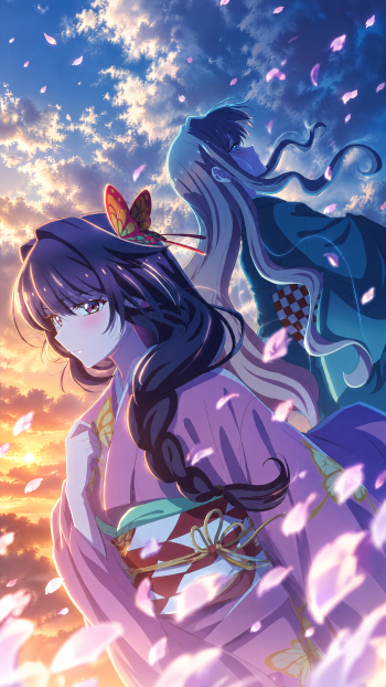 iPhone wallpaper of an anime girl in a pink kimono titled Bride of the Barrier Master — sunset sky, drifting cherry blossoms, and a blue-clad figure standing behind her.