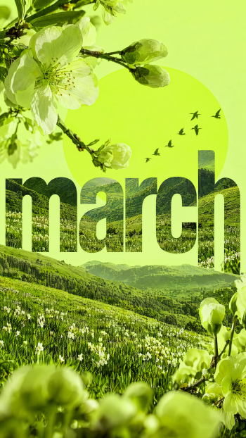 iPhone wallpaper of spring flowers and blossoms over a sunlit green hillside with flying birds, bold march text across the landscape.