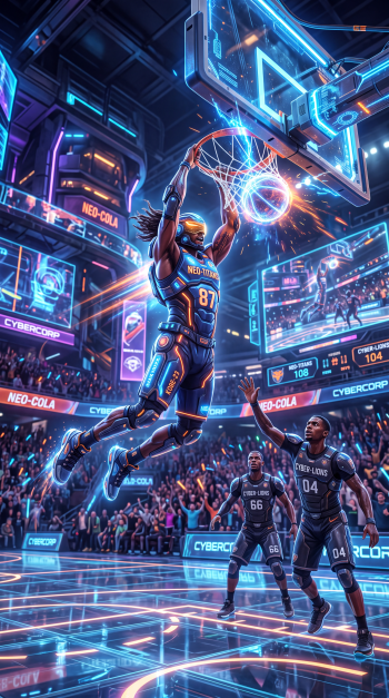 Neon cyberpunk iPhone wallpaper of a basketball player executing a slam dunk toward a glowing hoop in a packed arena, neon-lit court and roaring crowd.