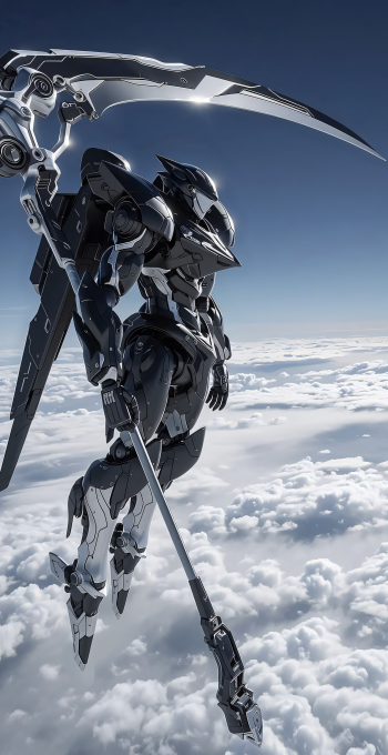 iPhone wallpaper: sleek black mecha hovering above clouds, wielding a towering scythe against a pale sky.