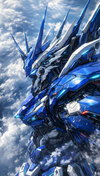 Sleek blue mecha in plated armor rises above clouds with glowing accents and drifting smoke against a bright sky — vertical iPhone wallpaper.