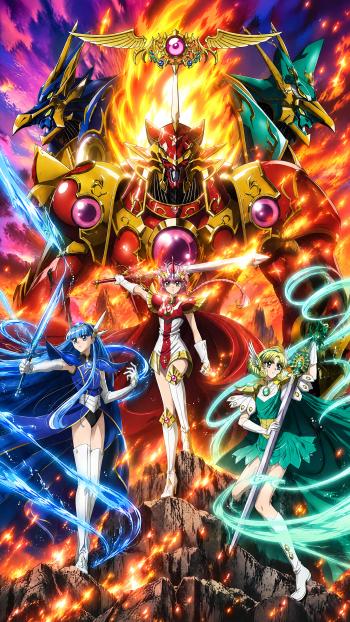 iPhone wallpaper of Magic Knight Rayearth: three magical knight heroines in red, blue, and green stand atop a fiery volcanic peak, their towering mecha blazing behind them in dramatic anime style.