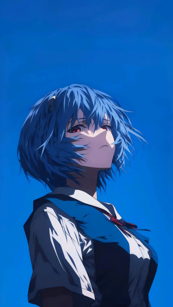 Rei Ayanami (Neon Genesis Evangelion) standing against a vivid blue sky, gazing upward with short blue hair and her school uniform.