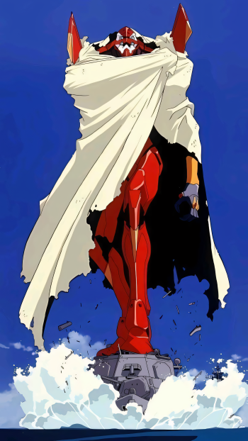Neon Genesis Evangelion — Evangelion Unit-02: red EVA cloaked in tattered white, standing on wreckage as waves crash beneath a clear blue sky.
