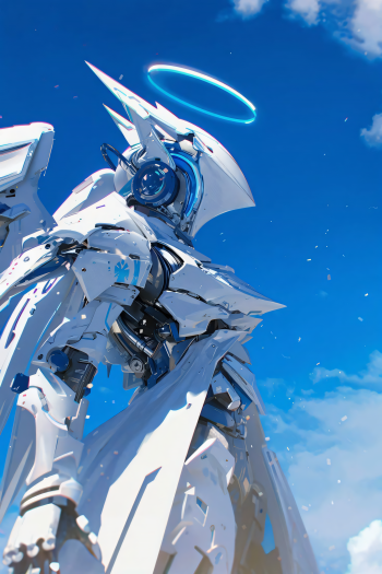 iPhone wallpaper of a white cyberpunk mecha angel: sleek robotic wings and a glowing halo set against a vivid blue sky