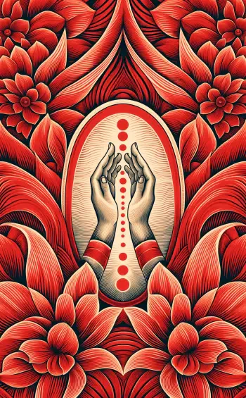 Symmetrical iPhone wallpaper showing stylized praying hands centered within mirrored red flowers, framed by petals and a vertical line of red dots in an ornate botanical design.