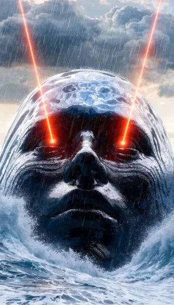 Giant stone face rising from a stormy ocean, red laser eyes piercing rain and clouds — dramatic iPhone wallpaper.