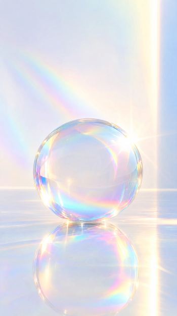 Clean iPhone wallpaper featuring a glass crystal ball—prismatic reflections and soft pastel light on a reflective surface.