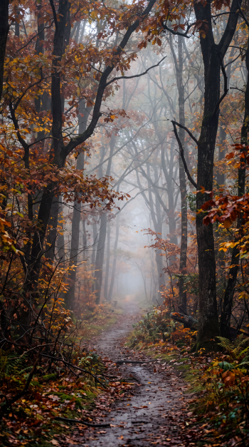 iPhone wallpaper: foggy fall forest path winding through tall trees with orange leaves and a damp, leaf-covered trail fading into mist.
