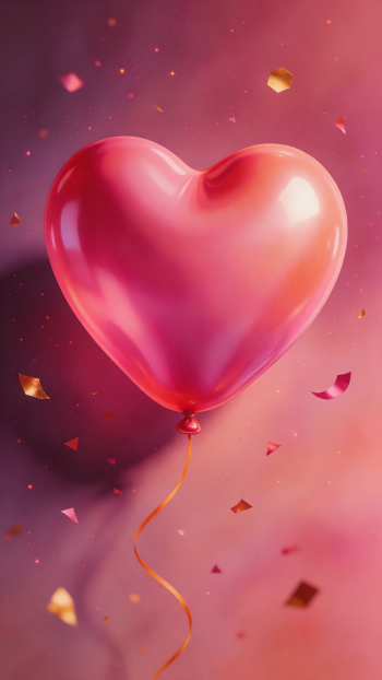 iPhone wallpaper of a glossy pink heart-shaped balloon floating amid gold confetti on a soft rose-to-purple gradient background.