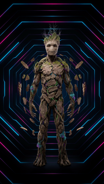 Groot as a living tree figure centered in a neon hexagonal tunnel, fragments of bark floating around — vertical iPhone wallpaper.