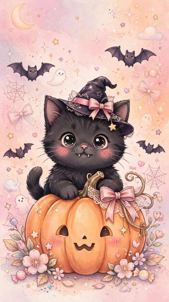 Kawaii Halloween iPhone wallpaper: cute black cat in a witch hat peeks from a smiling jack-o'-lantern amid bats, friendly ghosts, bows, stars and pastel flowers.