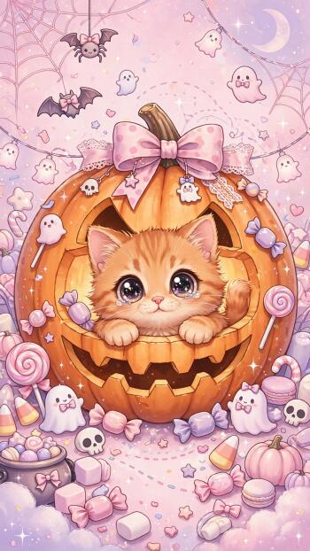 Kawaii iPhone wallpaper: a cute orange kitten peeks from a smiling jack-o'-lantern surrounded by pastel ghosts, candy, bats, spiderwebs and stars — sweet, spooky Halloween charm.