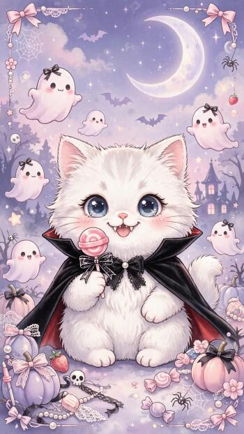 Kawaii white kitten in a vampire cape holding a lollipop, surrounded by smiling ghosts, pastel pumpkins, bats and a crescent moon — cute Halloween iPhone wallpaper.