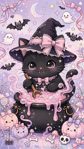 Kawaii Halloween iPhone wallpaper: a cute black witch cat in a bow-topped hat stirring a pink bubbling cauldron, surrounded by smiling ghosts, bats, pastel pumpkins and ribbons.