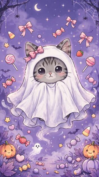 Phone wallpaper of a kawaii cat ghost — a gray kitten in a white sheet with pink bows, floating amid candy, pumpkins, bats and stars on a purple Halloween background.