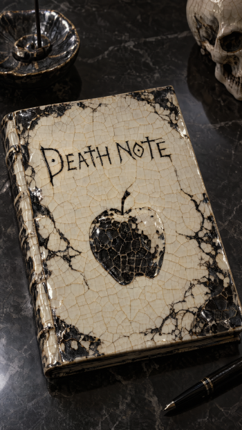 iPhone wallpaper of a cracked white Death Note notebook embossed with a black apple on a dark marble table, beside a skull, pen, and candle holder.