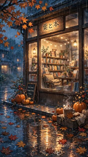 Cute anime-style HD phone wallpaper: cozy autumn bookstore café at night, rain, pumpkins and fallen maple leaves, warm string lights, steaming mug and reflections in puddles.