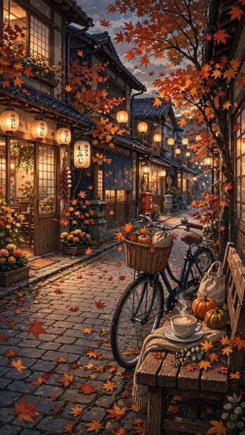 Anime-style pastel-goth iPhone wallpaper: cute cat with pastel accents sits in a lantern-lit autumn Japanese street, bicycle, pumpkins and cozy café details