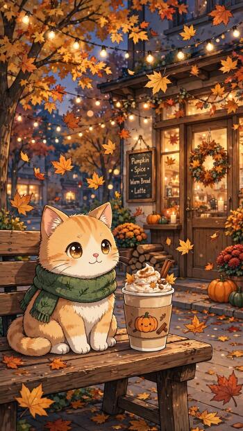 Cute kawaii orange cat in a green scarf sits on a bench with a pumpkin-spice latte, pumpkins, falling leaves and string lights — Halloween ghost-accent phone/iPhone wallpaper.