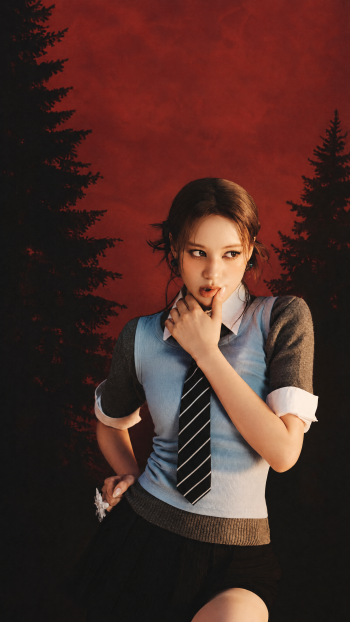 Phone wallpaper portrait of a woman in a school uniform with a NiziU Sour Grapes aesthetic, moody red forest background.