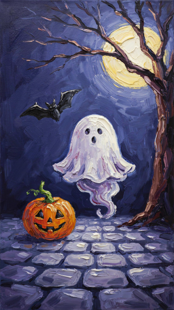 Spooky cute Halloween iPhone wallpaper showing a hovering white ghost over cobblestones beside a carved pumpkin, a bat in flight and a bare tree silhouetted against a full moon.