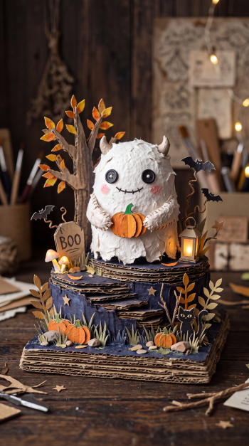 Spooky-cute Halloween iPhone wallpaper: a smiling ghost cake clutching a pumpkin on a layered woodland cake, surrounded by mini pumpkins, bats, a lantern and autumn leaves.