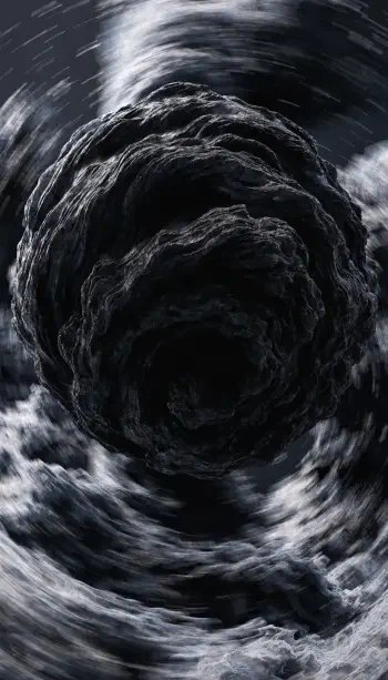 Dark aesthetic iPhone wallpaper: a textured, rock-like black hole at center, a smoky vortex of spiraling clouds pulling inward on a deep charcoal backdrop.