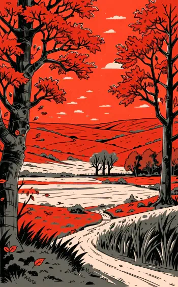 iPhone wallpaper of a stylized fall landscape: red-orange trees frame a winding path through a forest and rolling hills beneath a few scattered clouds.