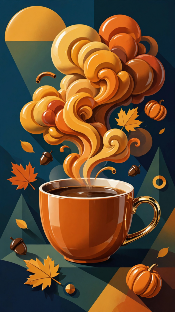 Phone wallpaper: steaming brown coffee in an orange cup with swirling pumpkin-colored steam that morphs into pumpkins, acorns and falling autumn leaves.