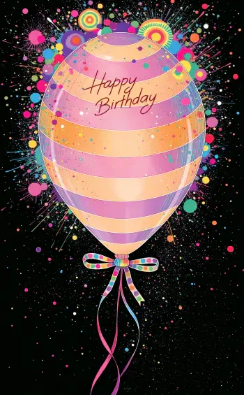 Striped pastel balloon reading Happy Birthday with ribbon, colorful confetti bursts and paint splashes on a black background — phone/iPhone wallpaper celebrating a birthday.