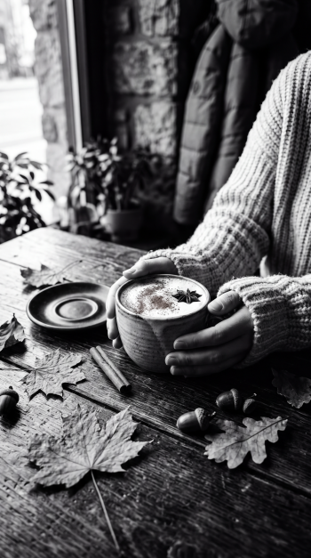 Monochrome iPhone wallpaper of hands in a chunky sweater holding a mug of fall coffee on a wooden table scattered with autumn leaves, acorns and a saucer.