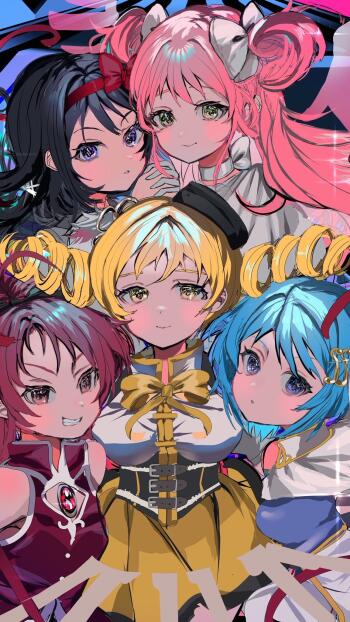 iPhone wallpaper anime group portrait of Puella Magi Madoka Magica — Madoka Kaname, Homura Akemi, Mami Tomoe, Sayaka and Kyoko smiling in a vibrant close-up.