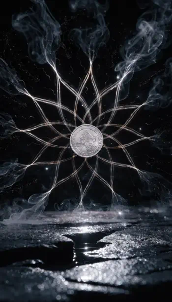 Abstract iPhone wallpaper: a silver coin floats at center of a star-like smoky pattern radiating against a dark background, reflections on a wet, textured foreground.