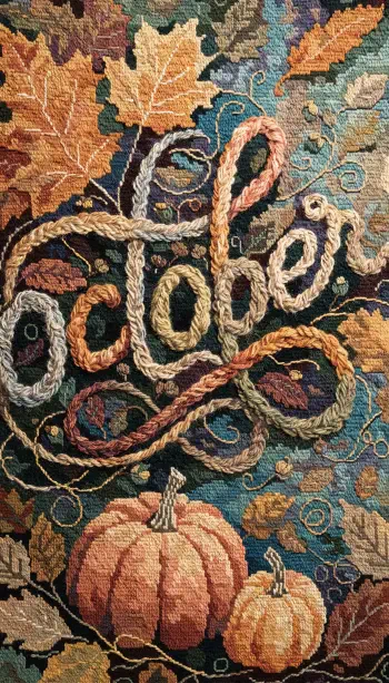 Embroidery-style iPhone wallpaper: stitched pumpkins, swirling autumn leaves and rope-like cursive forming October.