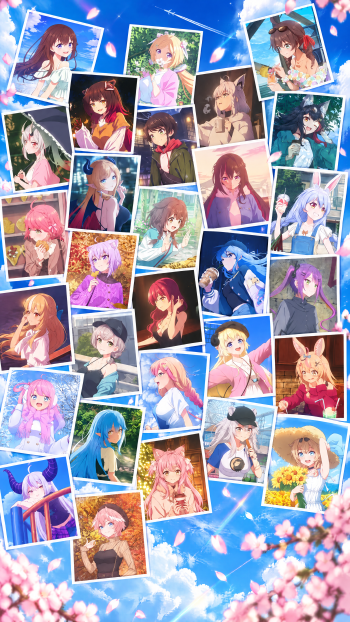 Odekake Hololive anime collage phone/iPhone wallpaper: polaroid-style portraits of many VTubers over a bright blue sky with cherry blossoms.
