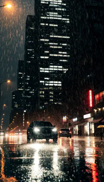 Moody night rain on a city street — a car's headlights cut through neon reflections on wet pavement. iPhone wallpaper.