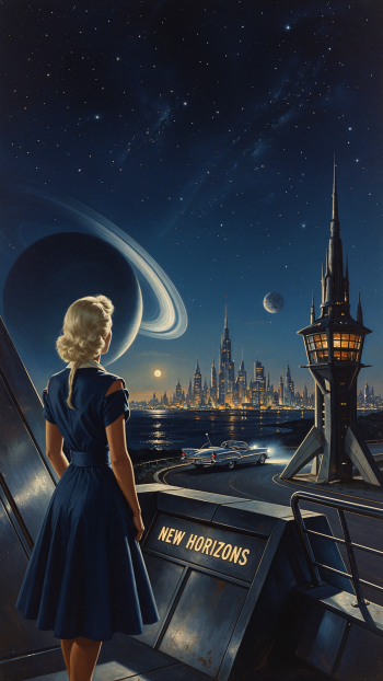 Night mood iPhone wallpaper: a woman in a dress overlooks a luminous futuristic cityscape and ringed planet, a spaceship on the quay reads New Horizons.