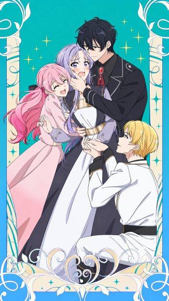 Isekai anime iPhone wallpaper of Odebu Akujo: a blushing bride in white embraced by a dark‑haired groom, with a pink‑haired friend hugging and a kneeling blond admirer, ornate decorative frame.