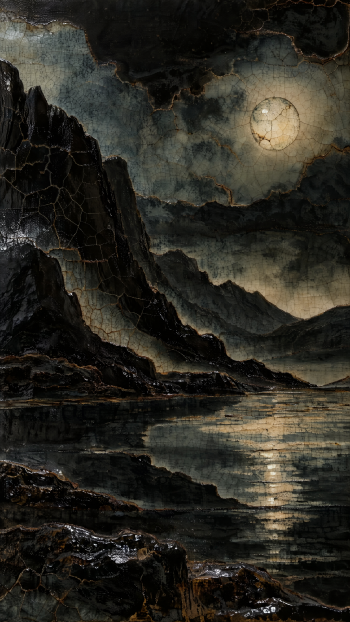 Dark mountain landscape at night with a cracked full moon casting light across a still lake — vertical iPhone wallpaper composition.