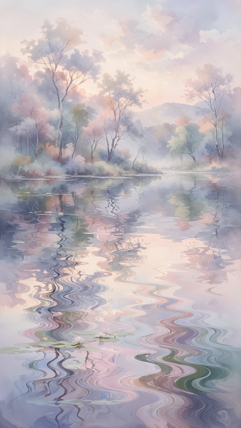 iPhone wallpaper of a soft-colored landscape: a misty lake edged by slender trees with gentle, rippling reflections.