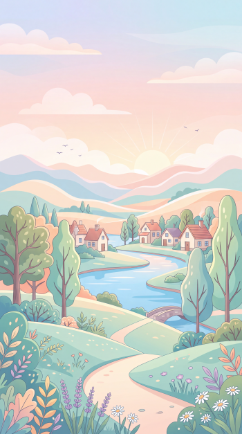 Soft-colored iPhone wallpaper of a peaceful countryside landscape: a winding river through rolling hills with a quaint village nestled among trees.