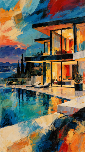 Painted phone wallpaper of a modern luxury villa and pool at sunset, bold brushstrokes, glowing glass walls, terraces and coastal views.